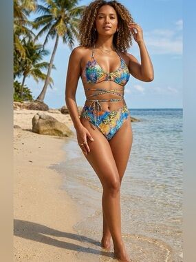 RELLECIGA blue leopard Tropical Print Bikini/ Top size XL